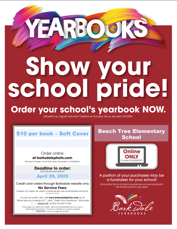 Order your yearbook today! Ten dollars per book.  Order at barksdalephoto.com.  Deadline is April 29th.  Use code 0036474YB..